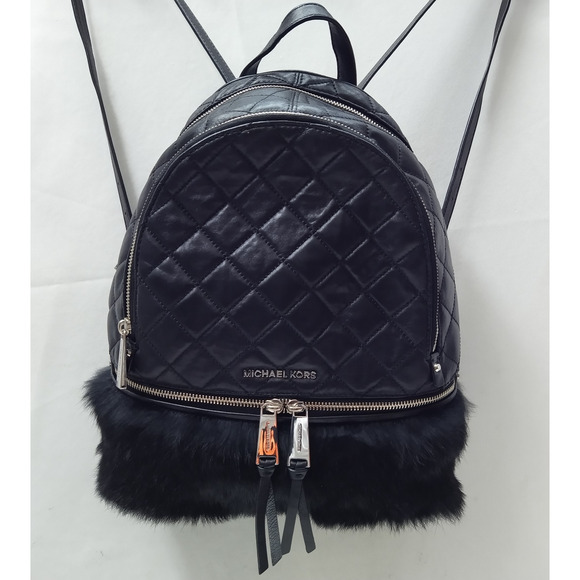 Michael Kors Rhea Black Leather Quilted Fur Zipper Top Handle Backpack main image 10